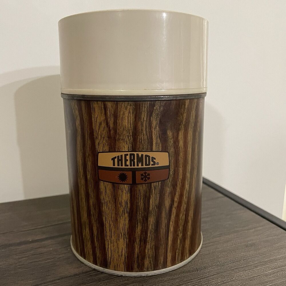 VINTAGE 1970s Wood Grain Thermos King Seeley 10oz Metal 73A63 763 70F Hot & Cold